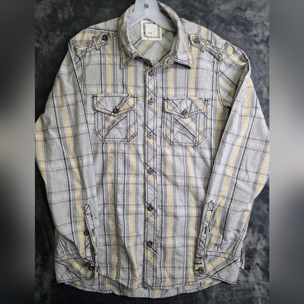 BKE Mens Long Sleeve Button Down Slim Fit Yellow Plaid Sz Large